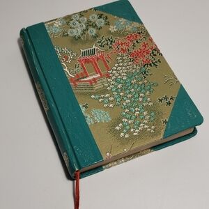 Vintage Asian Fabric Covered Lined Paper Notebook Diary Turquoise Gold Floral